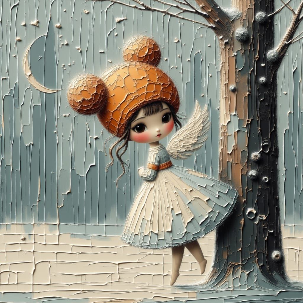 Smiling Angel in Snowy Tree, Ethereal Winter Scene