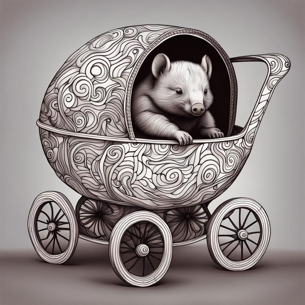 Baby Wombat in Pram with Abstract Vector Art