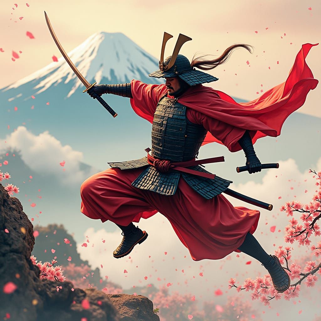 Japanese Warrior Leaps Before Mount Fuji