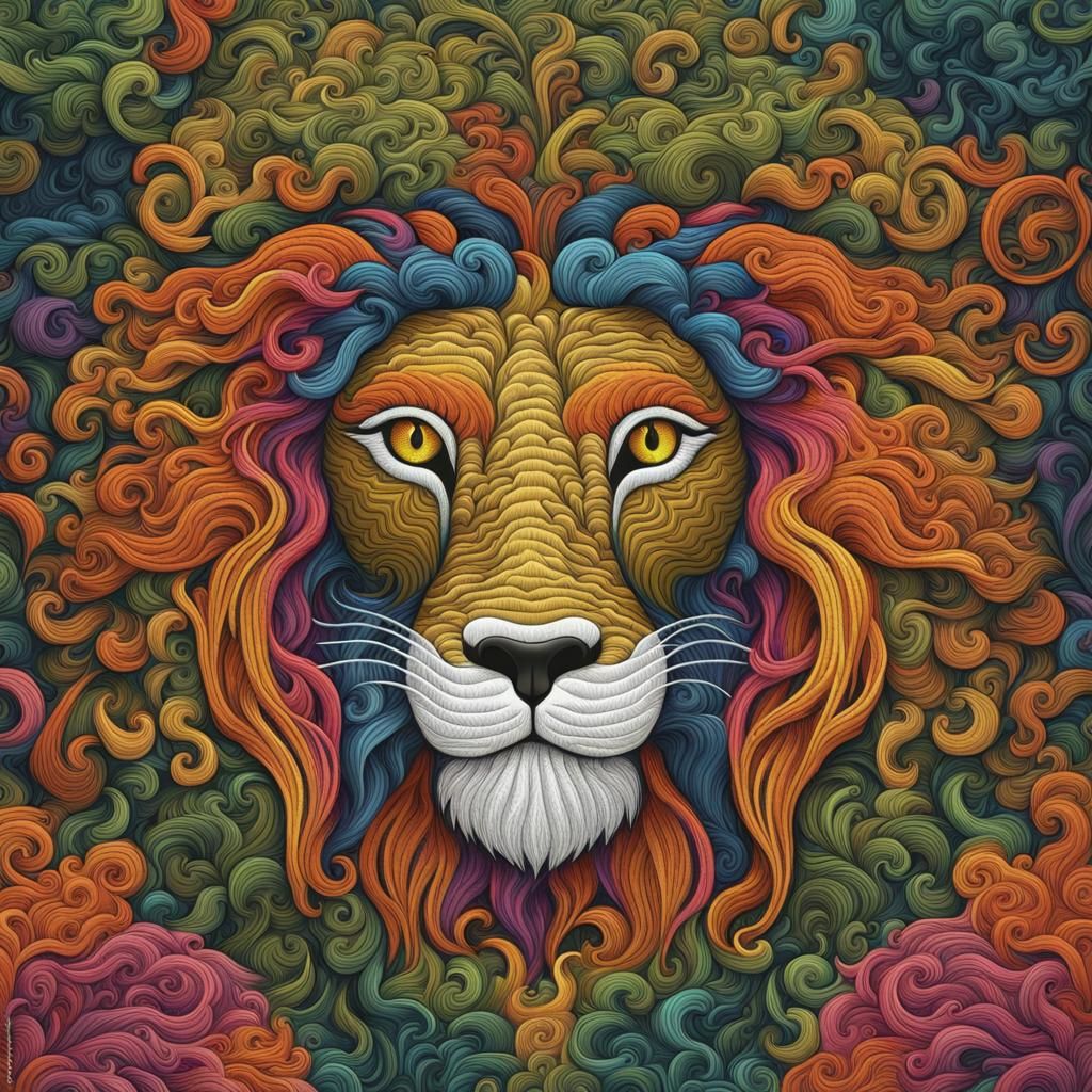 Psychedelic 3D Embroidery: Lion in Forest