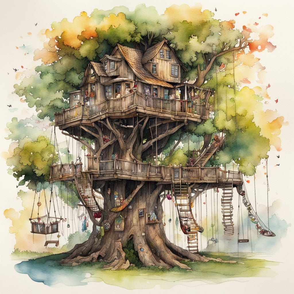 Whimsical Treehouse Wonderland in Vibrant Ink and Watercolor