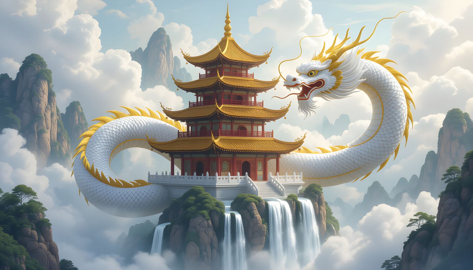 Jade Dragon Coils Around Floating Pagoda