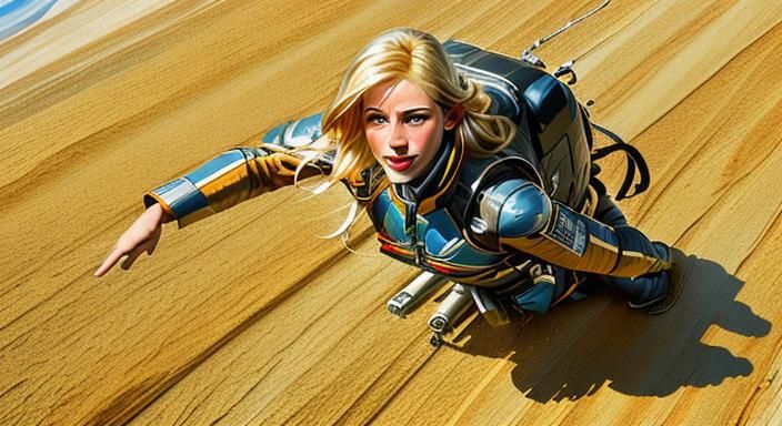 Blonde Woman Skydiving in Vibrant Oil Painting Style