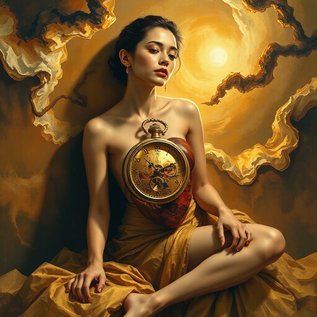 Surreal Clockwork Goddess in Dreamlike Golden Landscape