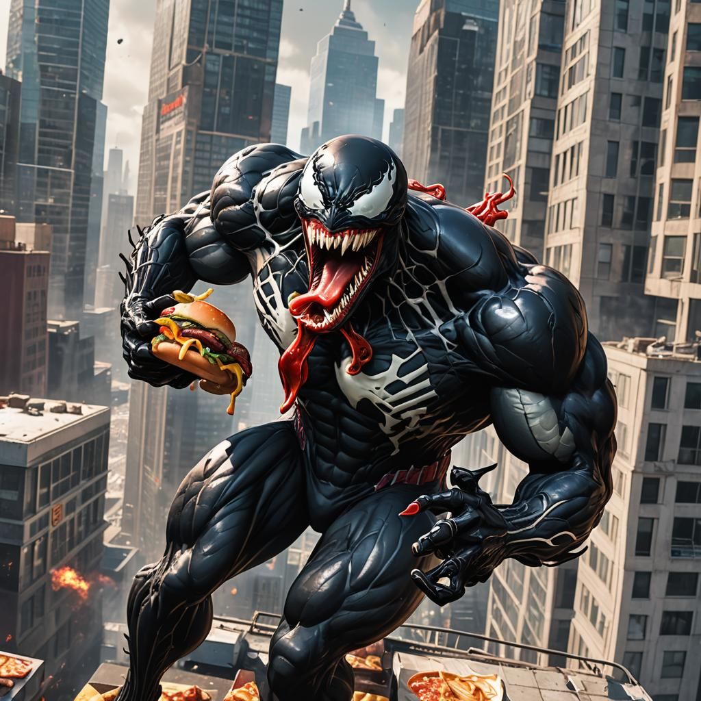 Venom Eats Cheeseburger in a 3D Game Cinematic