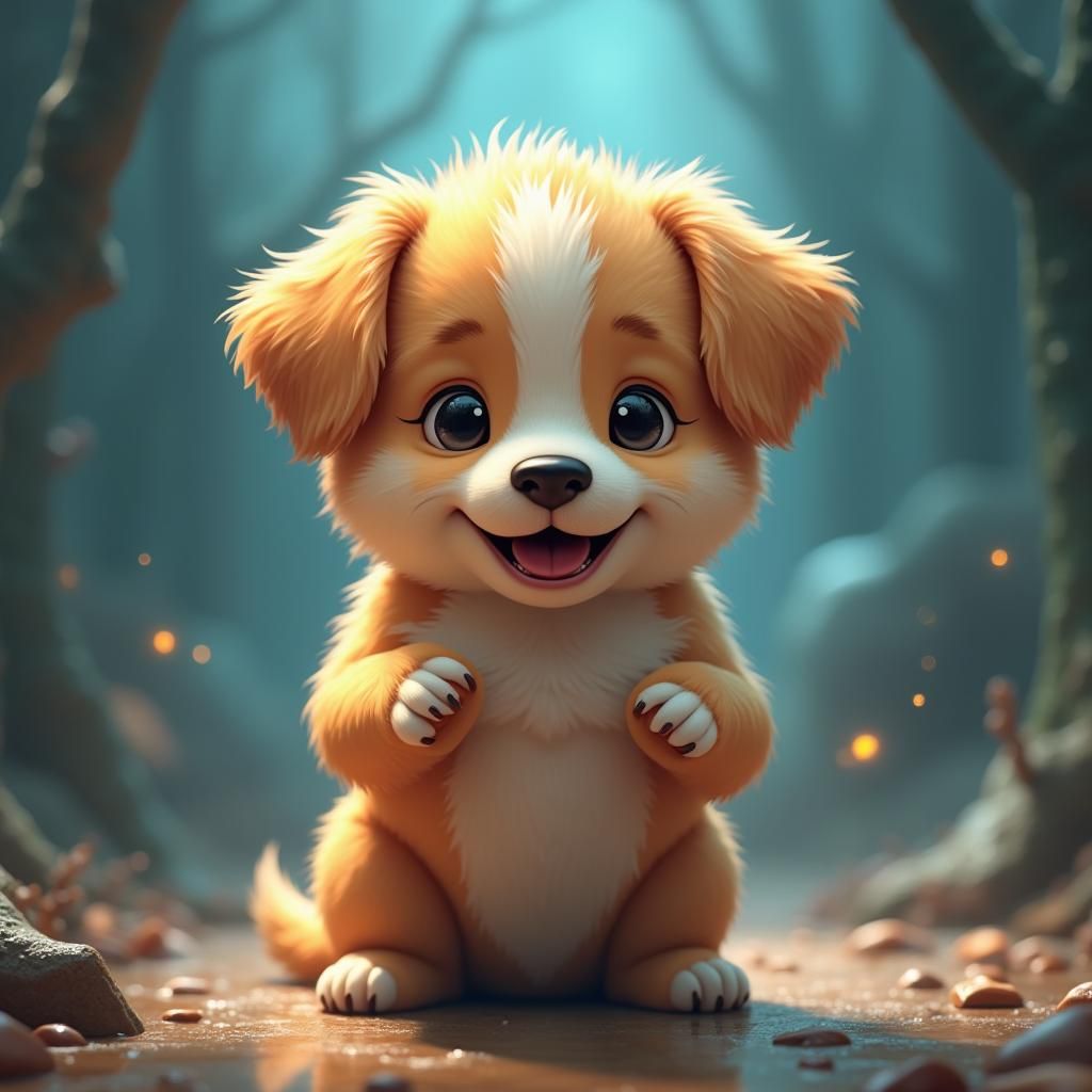Joyful Puppy in Dreamlike Surreal Landscape
