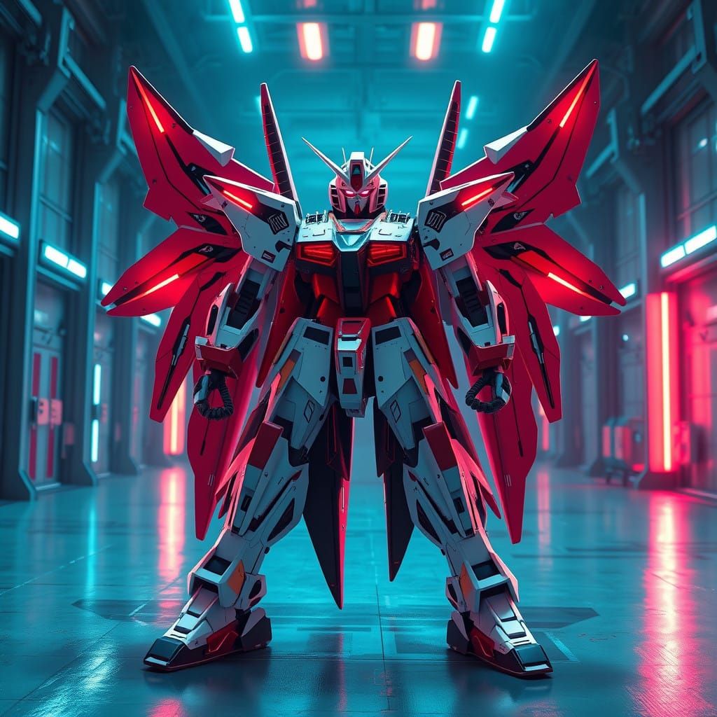 Gundam Mobile Suit Tallgeese I in Neon-Lit Hangar