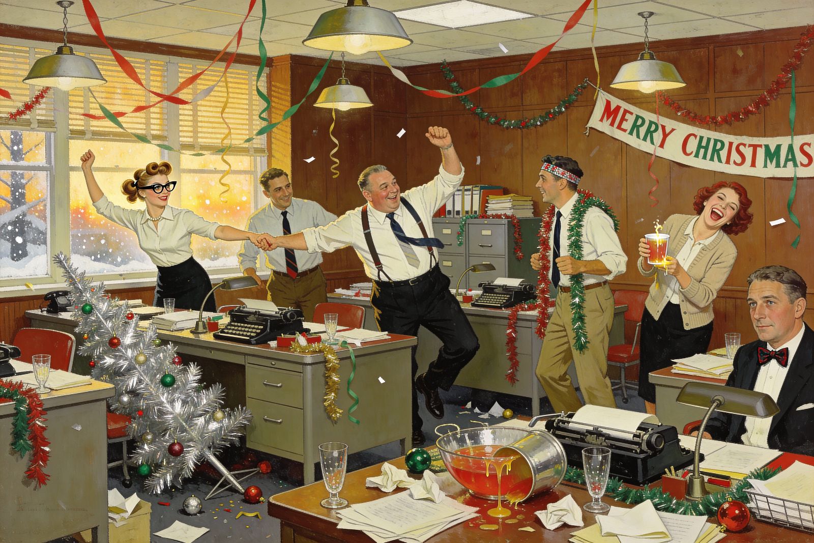 1950s Office Christmas Party in Chaos