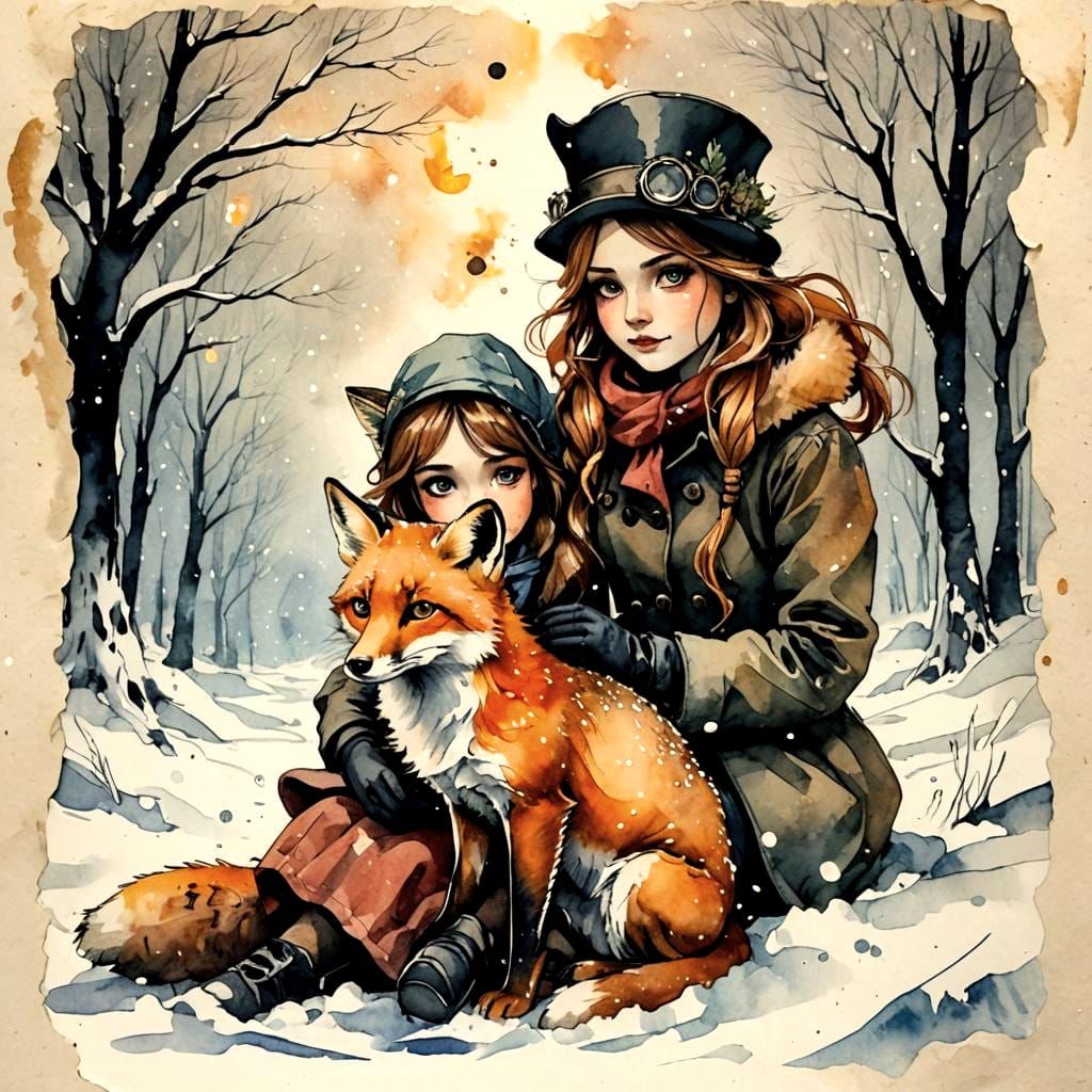 Fox and Girl Cuddle in Snowy Steampunk Scene