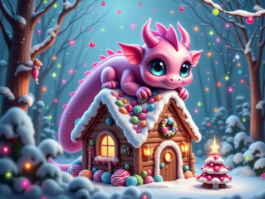 Pink Dragon on Gingerbread House in Winter Forest