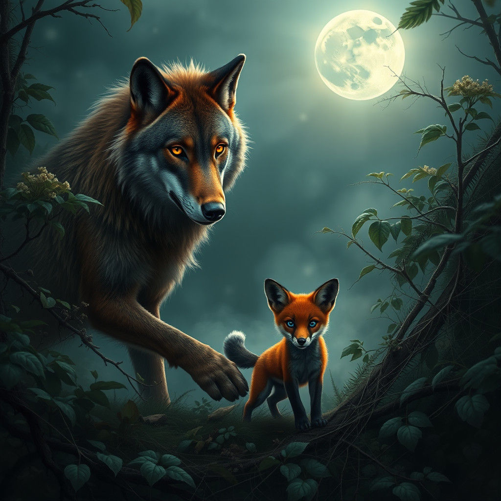 Wolf and Fox Touching Paws in Misty Forest