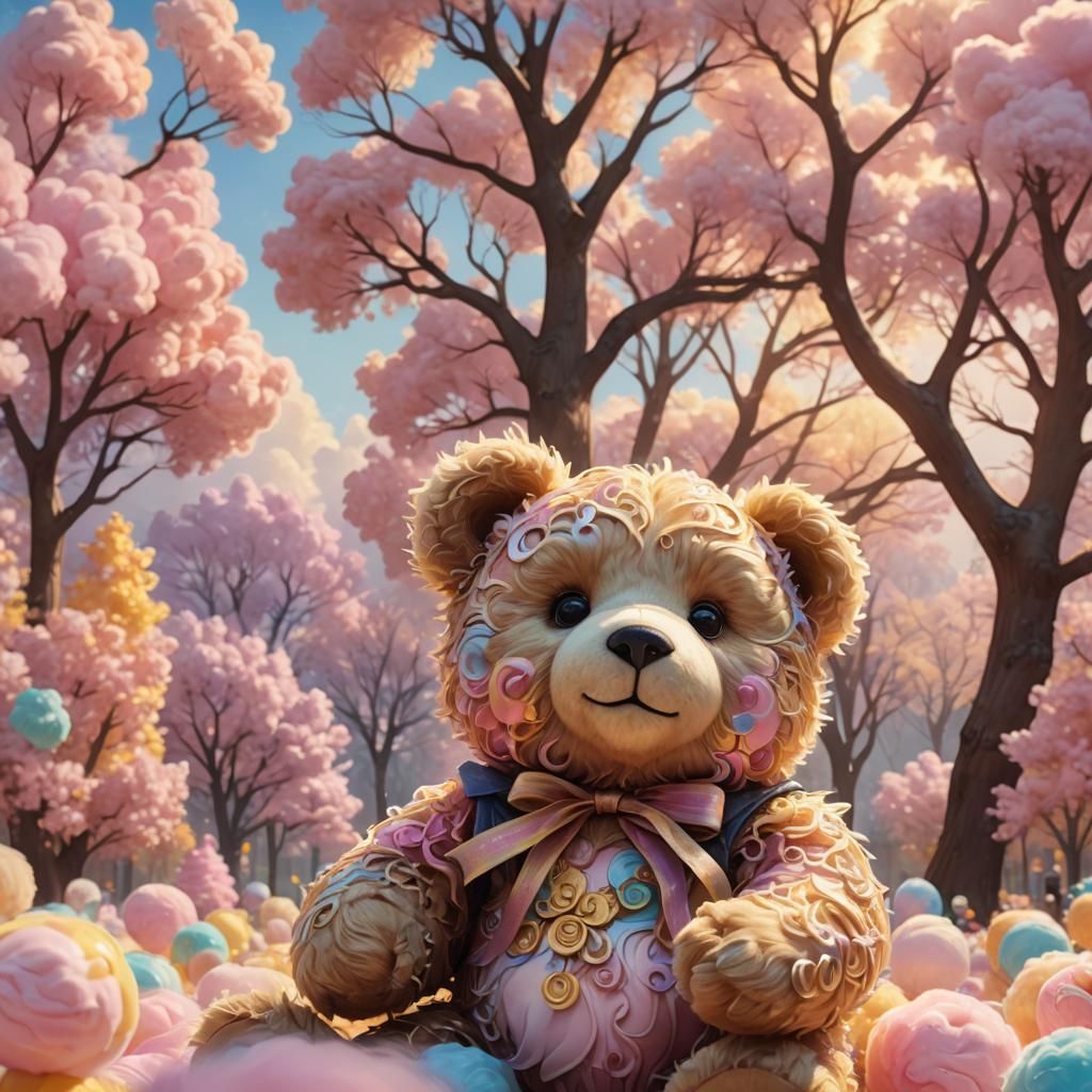 Cute Teddy Bear in a Dreamlike Fantasy Landscape