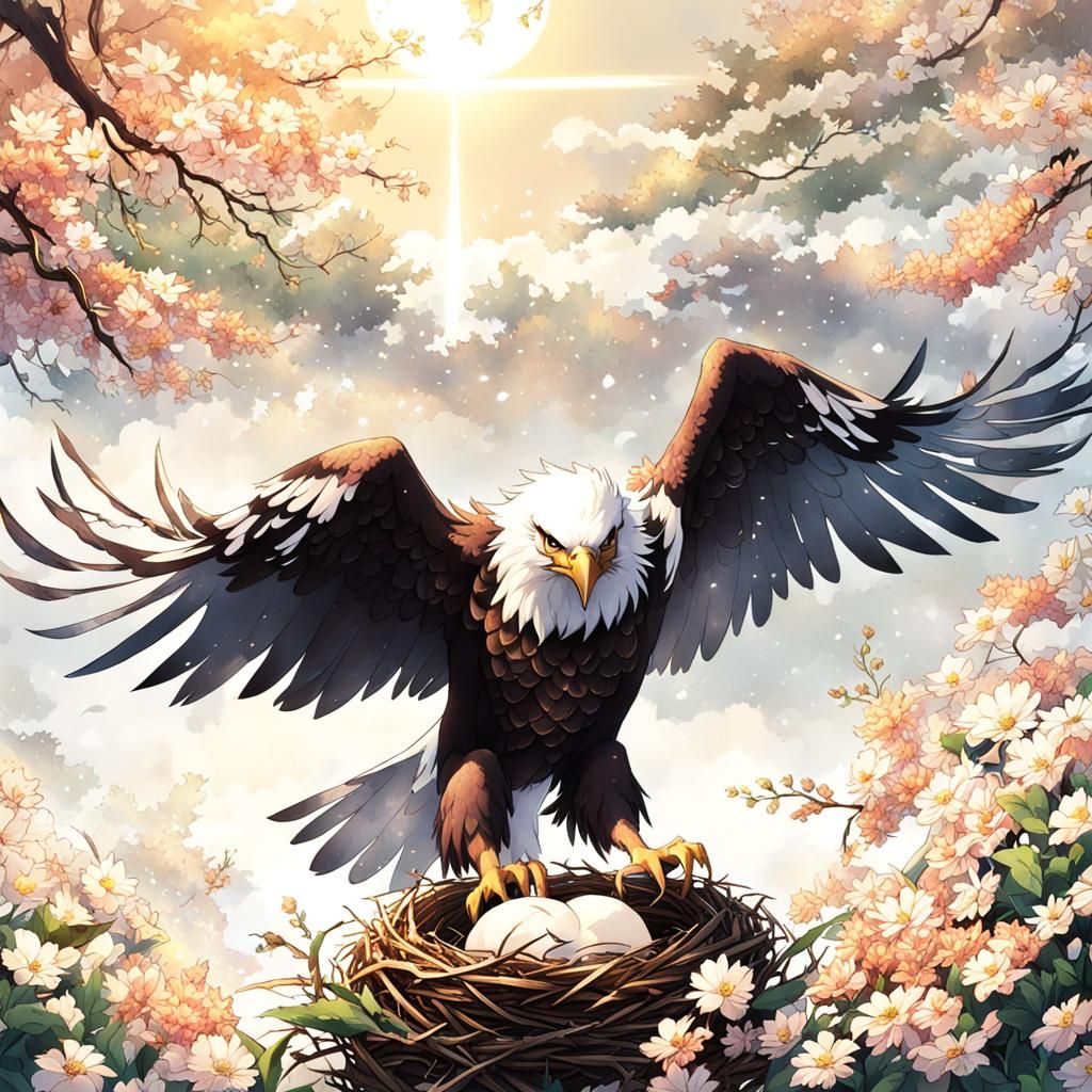 Eagle Nest with Flowers in Anime Style