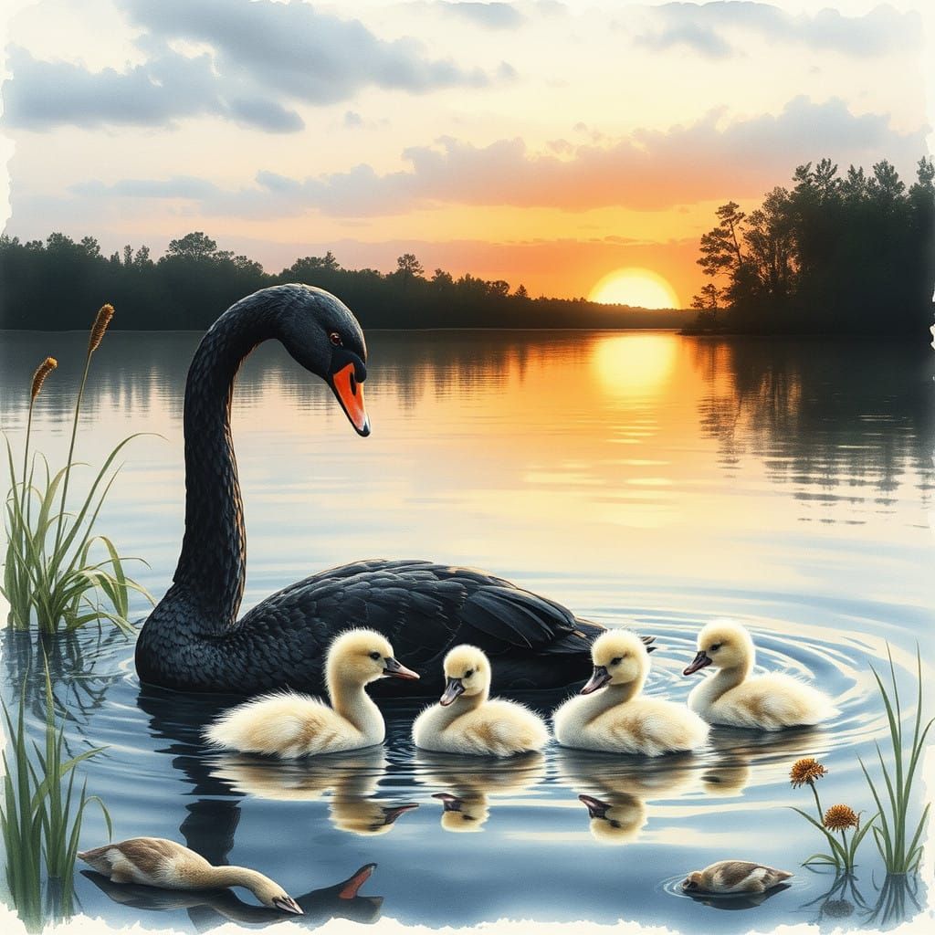 Motherly Love Among Black Swans in Serene Watercolor Setting