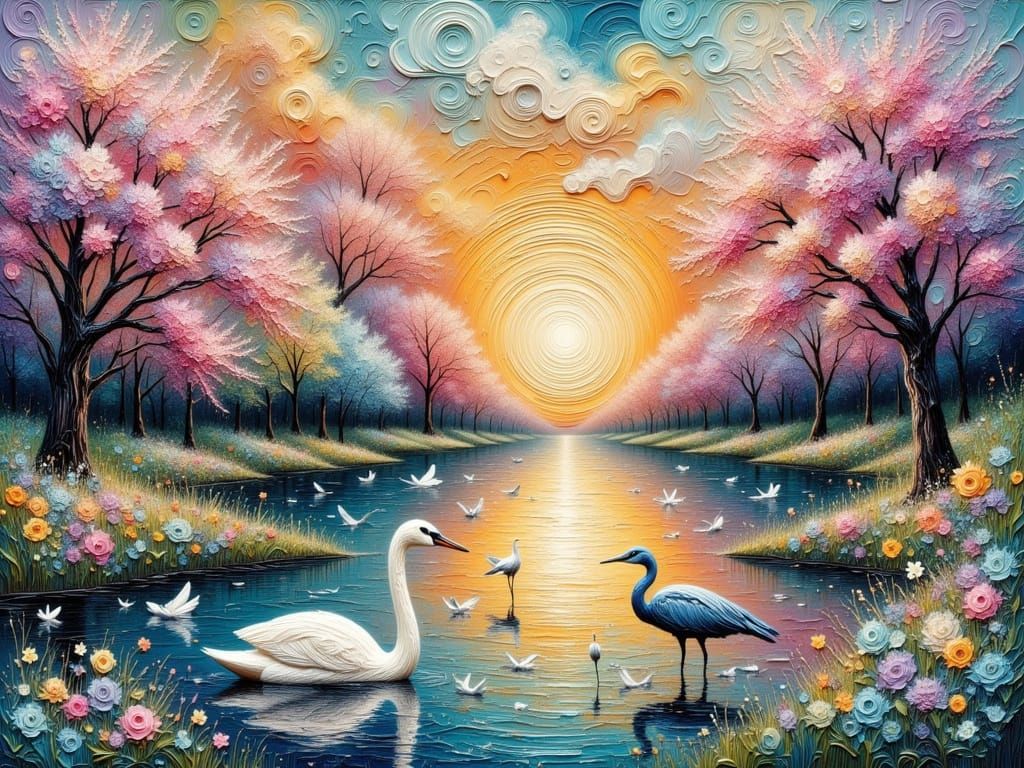 Encaustic Impasto Sunset on a Serene Lake