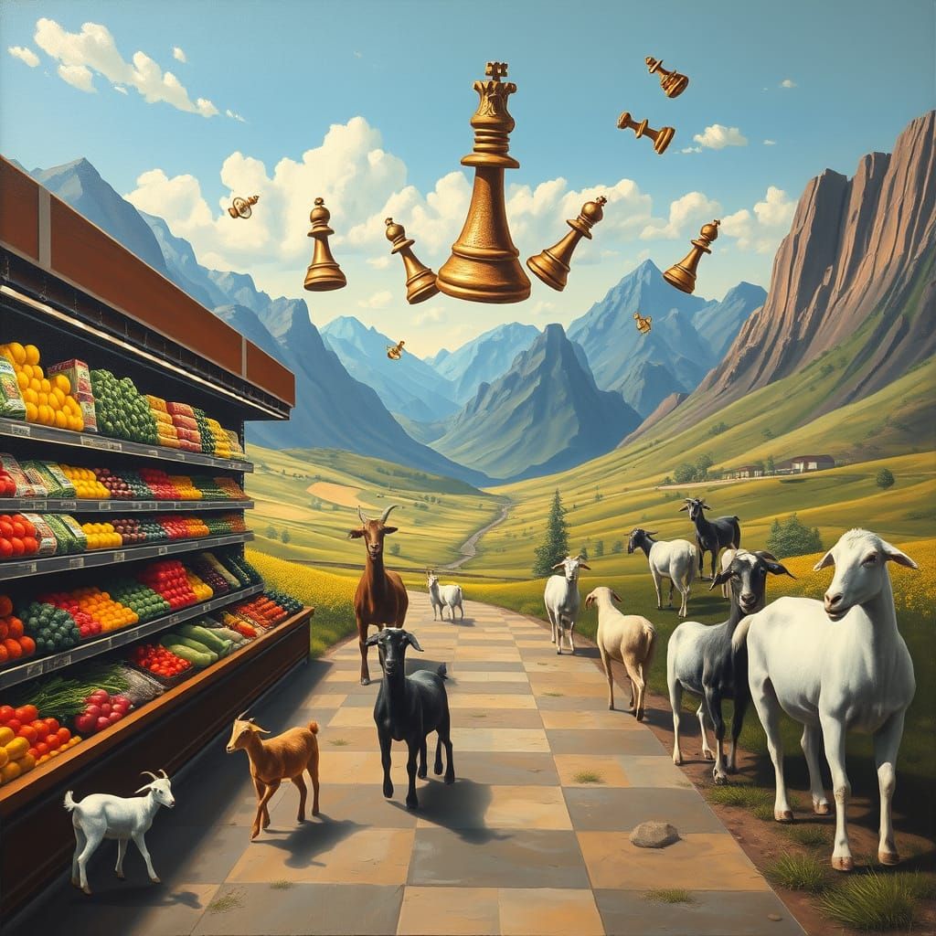 Surreal Grocery Aisle with Chess Pieces, Dali Style