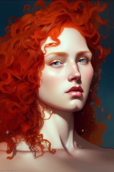 Red Curly Hair Portrait in Art Nouveau Style