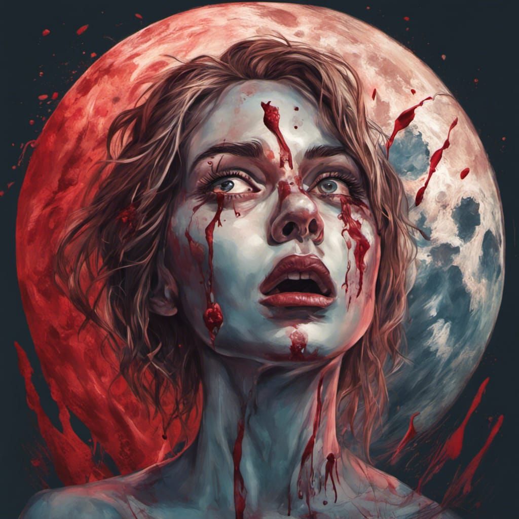 Screaming Woman with Blood in Hyperrealistic Splash Art