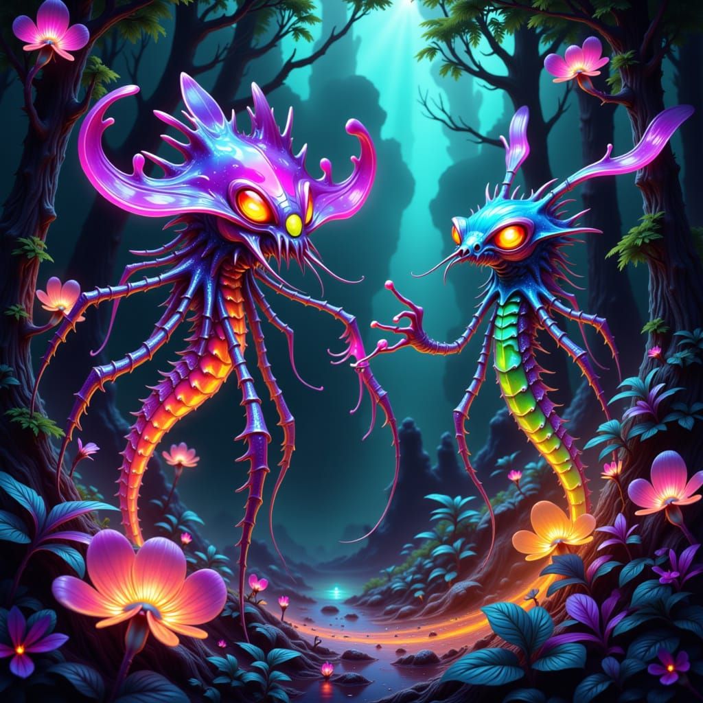 Iridescent Alien Creatures on Exoplanet in Technical Style