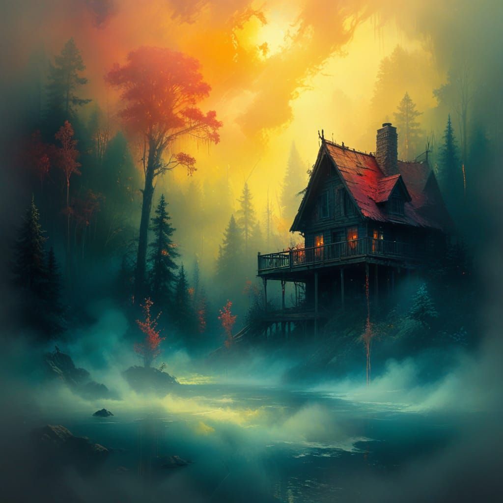 Hyper-Realistic Cabin Scene in a Dark, Foggy Woods