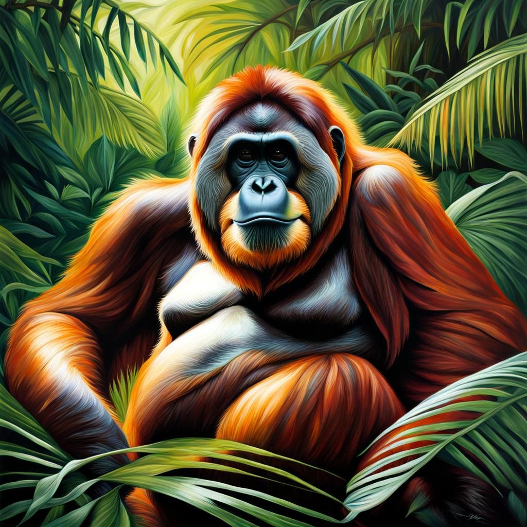 Orangutan in Jungle: Hyper-Realistic Oil Painting