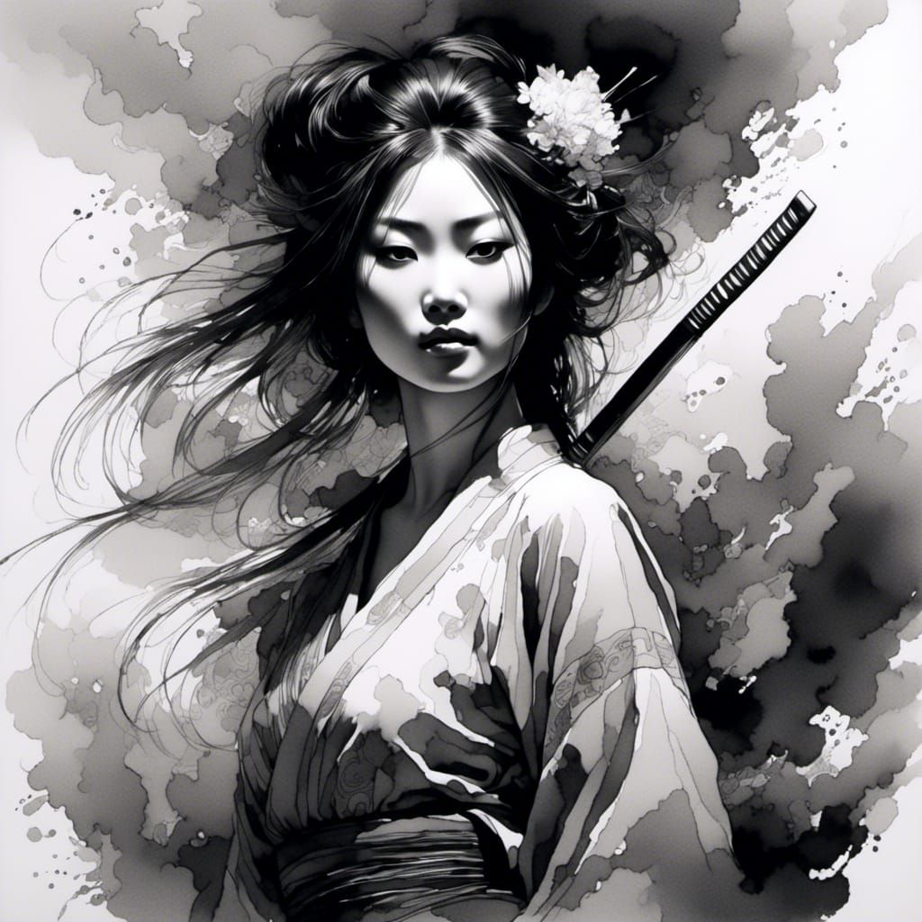 Monochrome Woman with Katana in Japanese Ink Wash Style