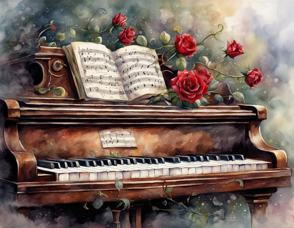 Ethereal Watercolour Piano Keyboard with Rose and Flute