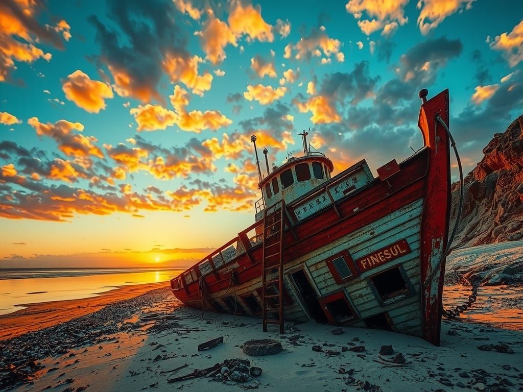 Desolate Beach: Stranded Ship at Sunset