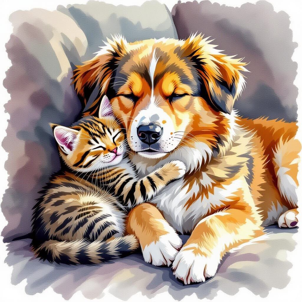 Kitten Hugs Fluffy Dog on Couch, Watercolor Style