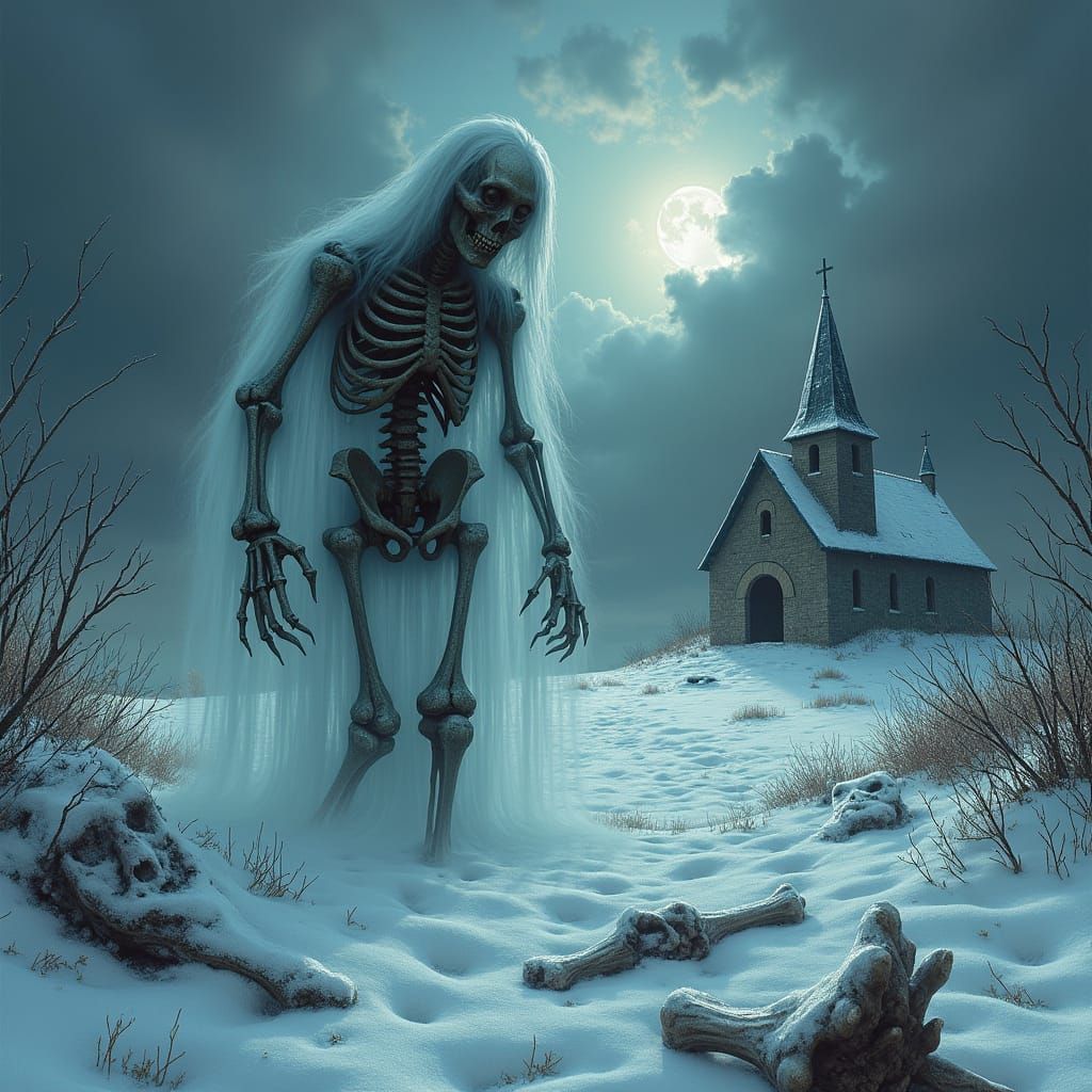 Frostbitten Figure Emerges in Icy, Skeletal Landscape