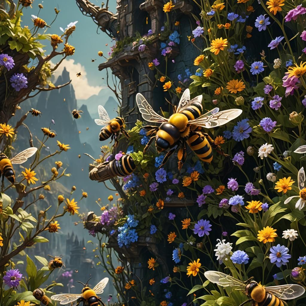Detailed Bee Matte Painting in Deep Color