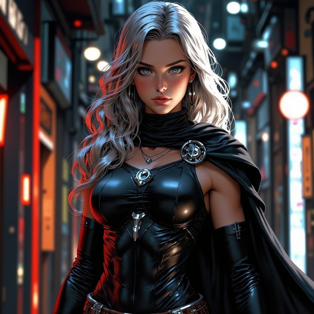 Victorious Grey-Haired Superheroine in Cinematic Style