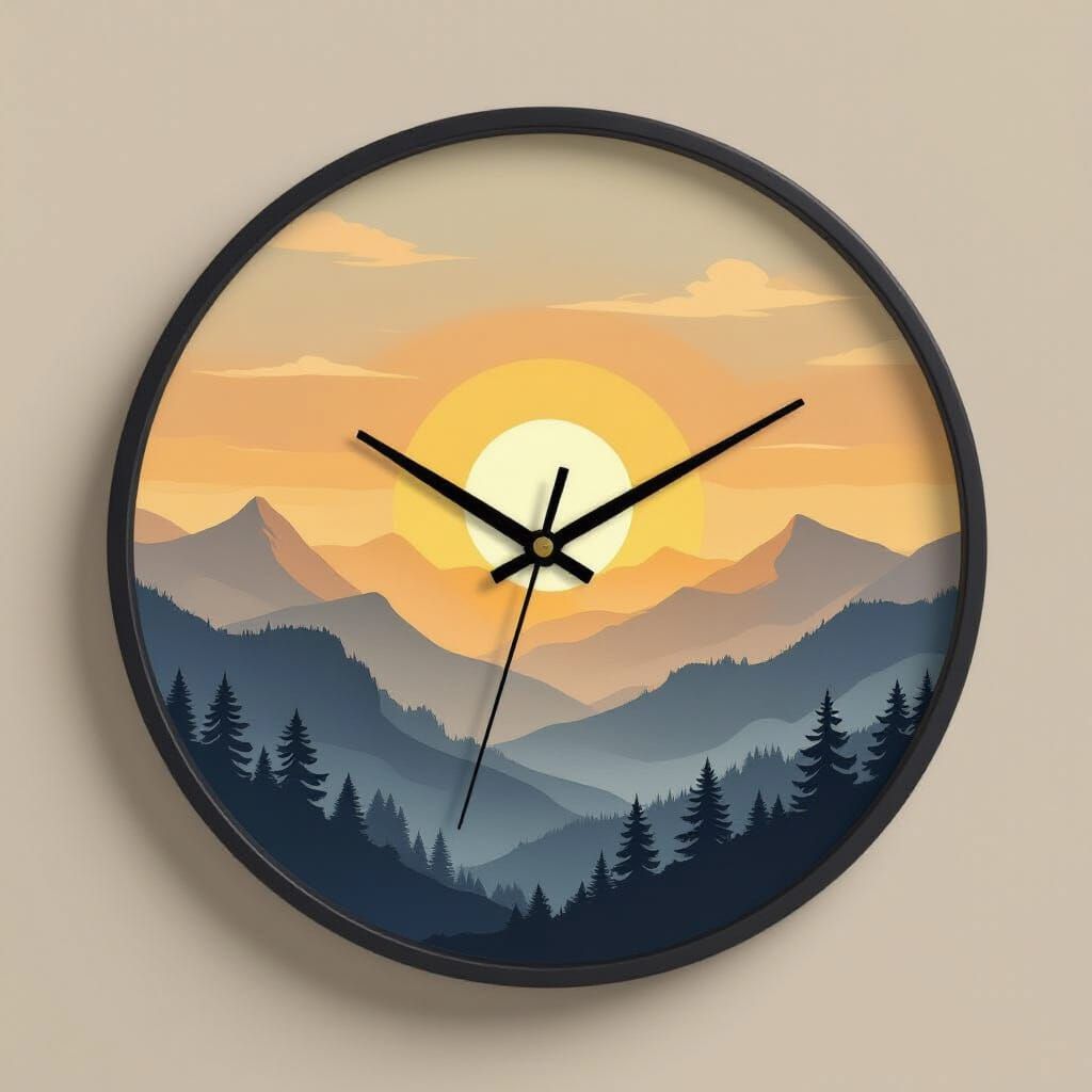 Serene Mountain Clock with Abstract Dawn Landscape
