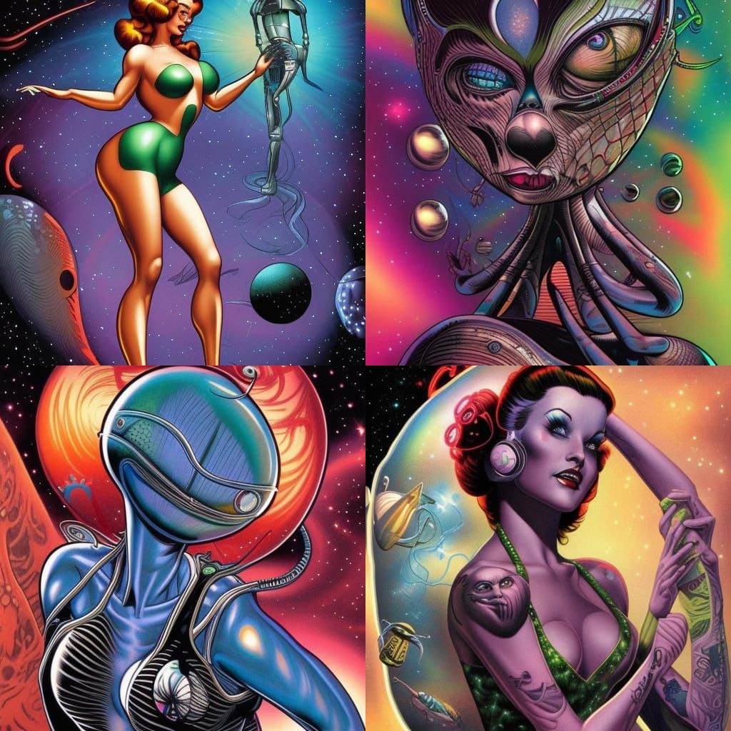 Alien Pin-Up in Space: Tattoo Art Style