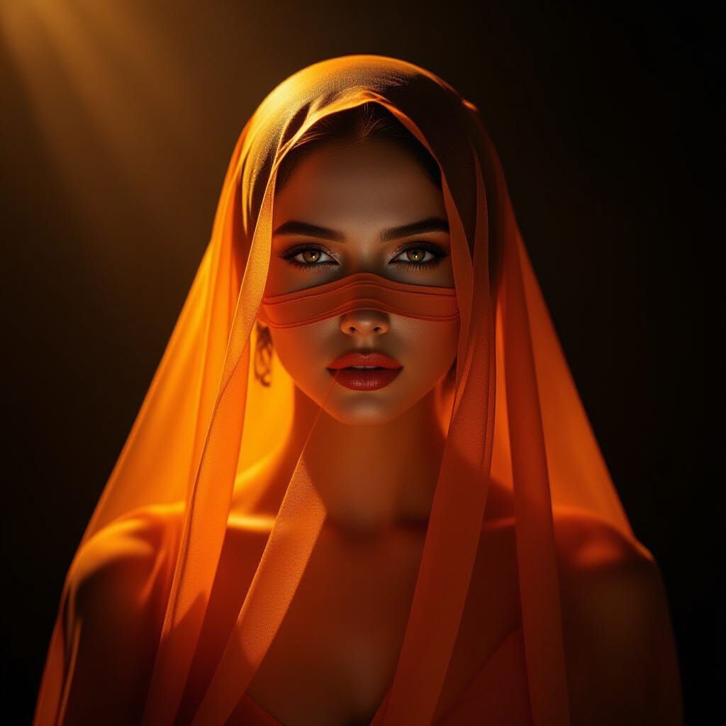 Mysterious Woman in Orange Veil: Surreal Cinematic Portrait