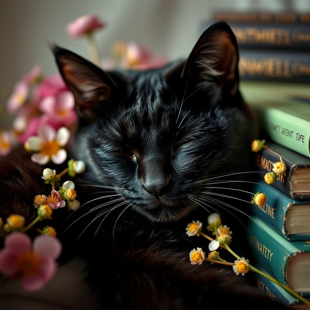 Black Cat Sleeping with Flowers and Books