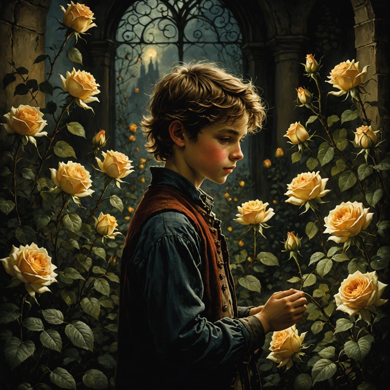 Surreal Roses Scene in Chiaroscuro Style