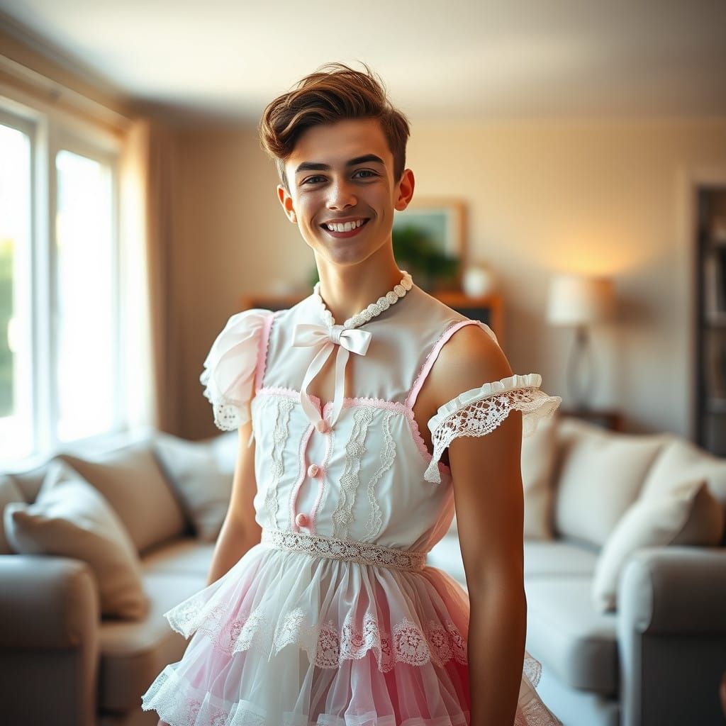 Confident Young Man in Whimsical Lolita Dress Smiles Directl...