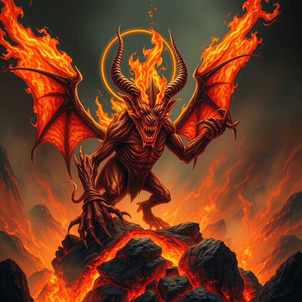 Demonic Flame Imp in Gothic Industrial Landscape