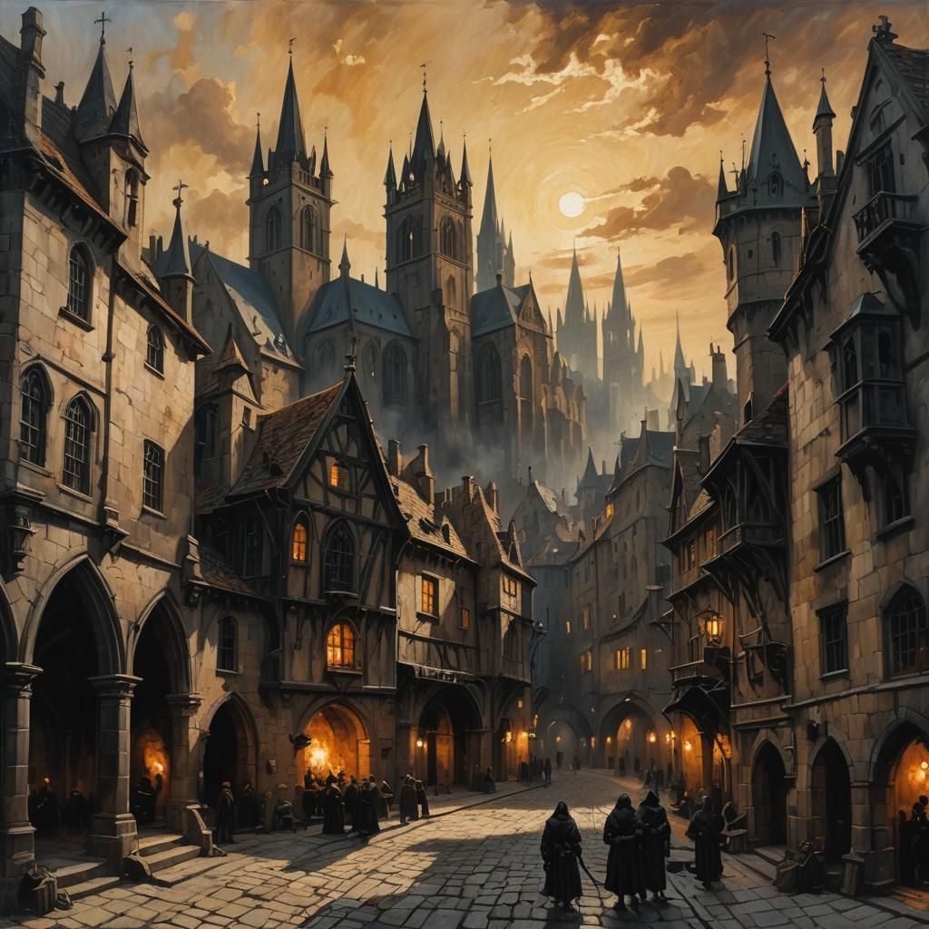 Medieval Gotham City in Gothic Bruegelian Landscape