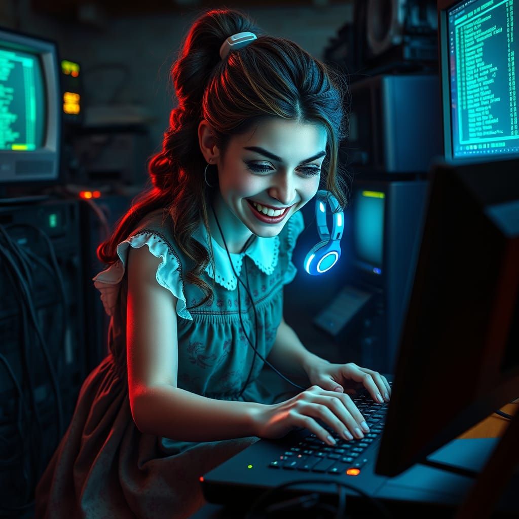 Surreal Cyberpunk Vampire Nerd Typing Away in Dimly Lit Base...