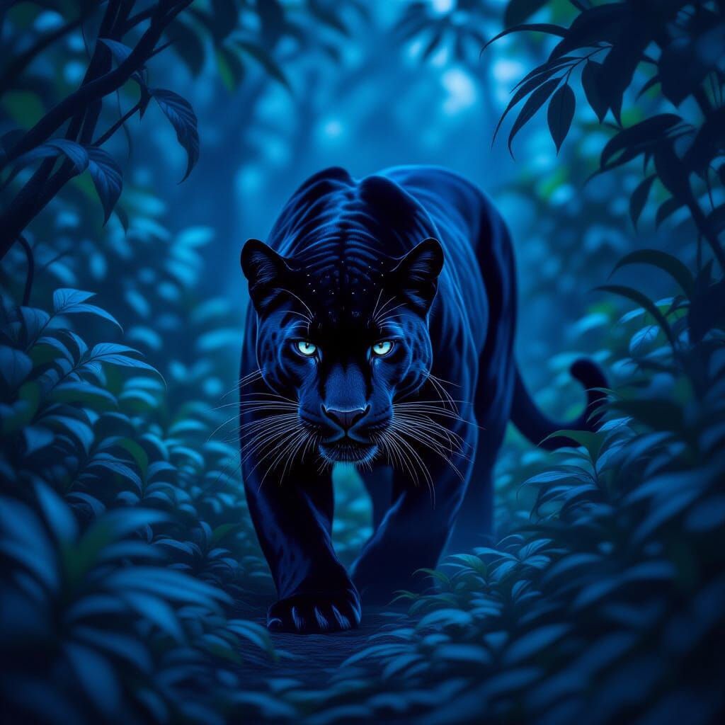 Black Panther Stalks Midnight Jungle in Photorealistic Style