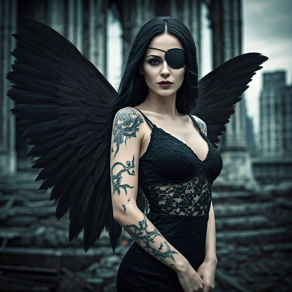Gothic Fairy Portrait with Black Wings in Dystopian Cityscap...