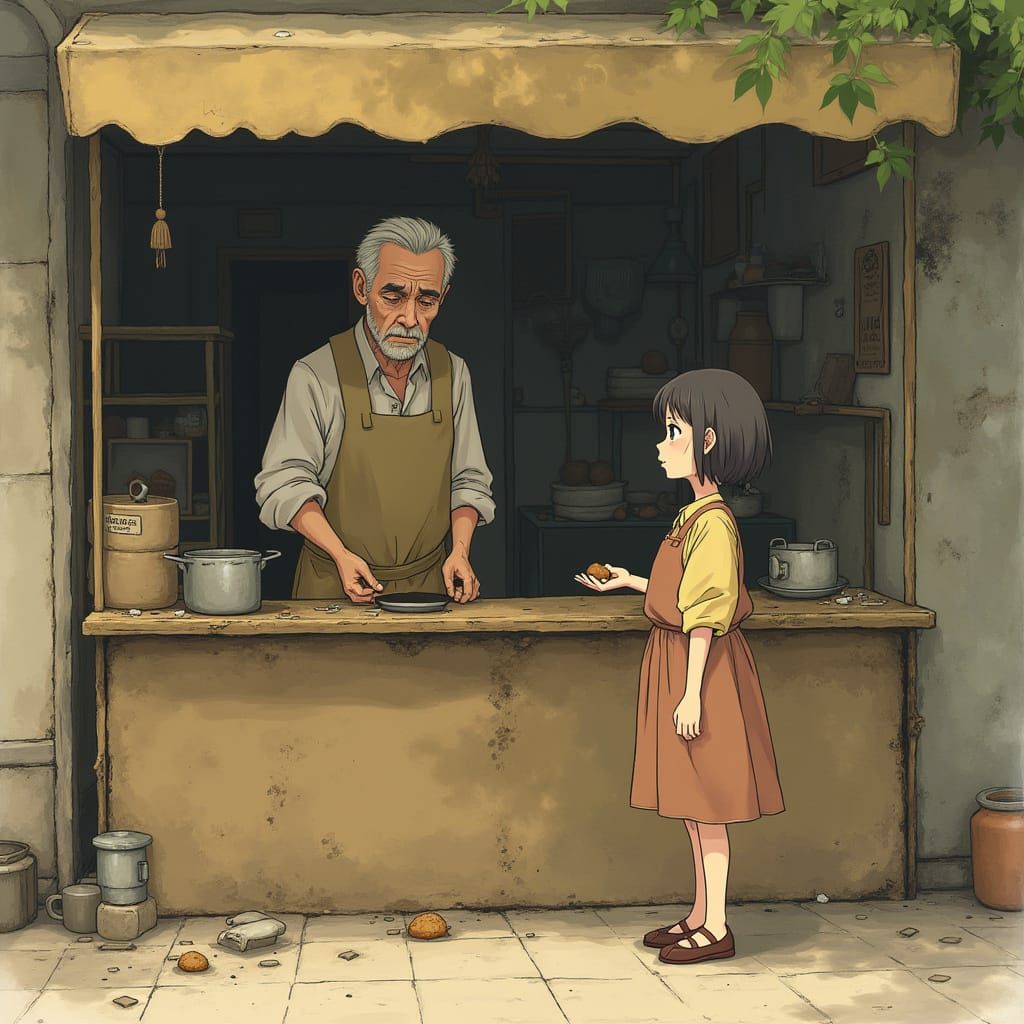 Falafel Stand: Bittersweet Anime Scene in Watercolor Style