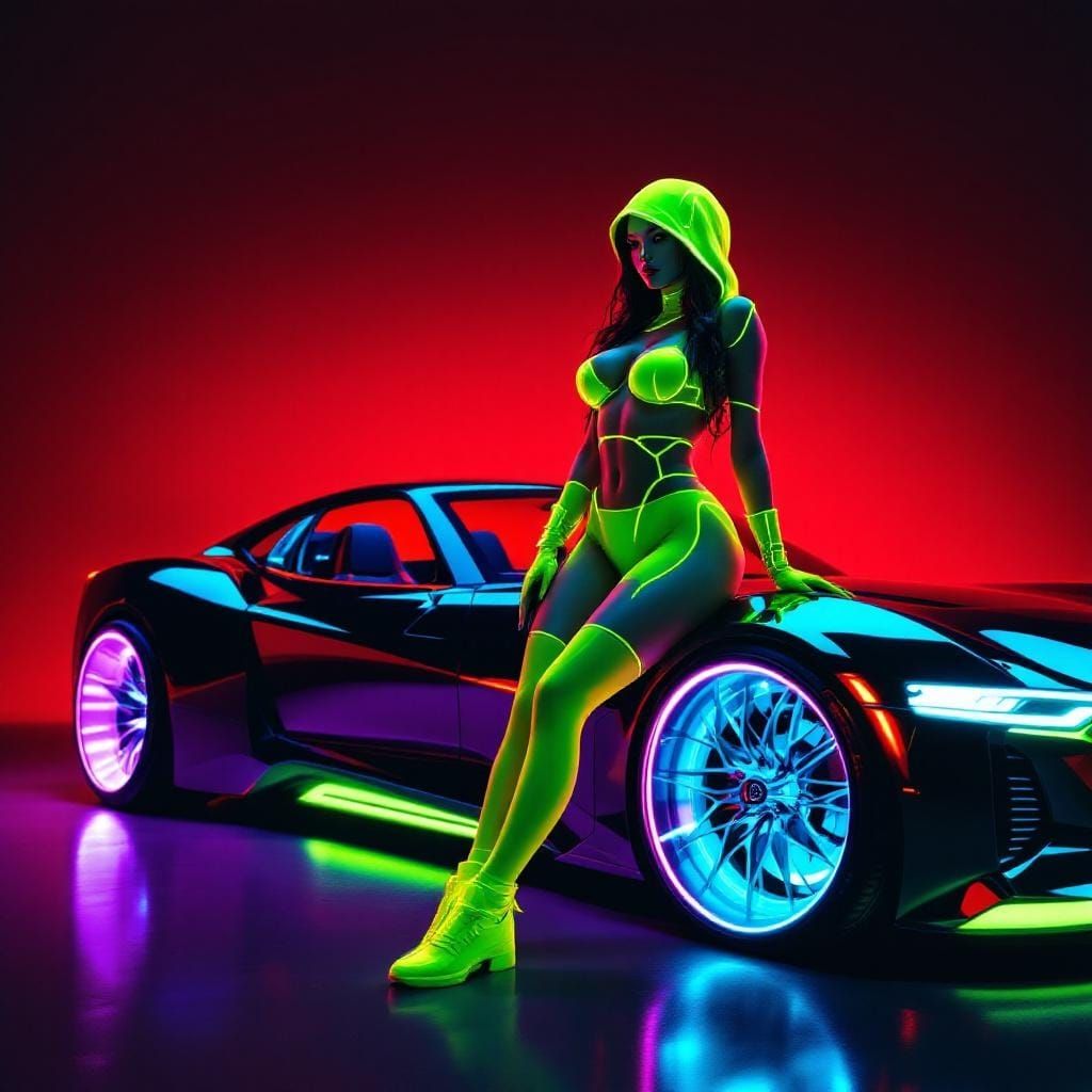 Cyberpunk Twins in Neon Bikinis Leaning on Cadillac