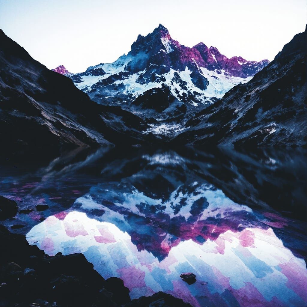 Surreal Mountain Lake Landscape in Vibrant, Dreamlike Colors