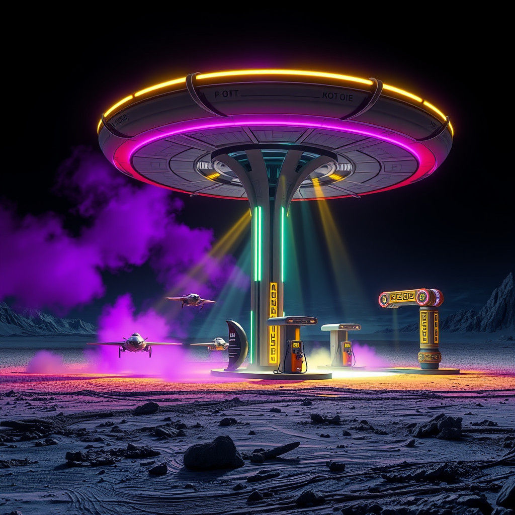Futuristic Moon Gas Station: Dark Fantasy Concept Art