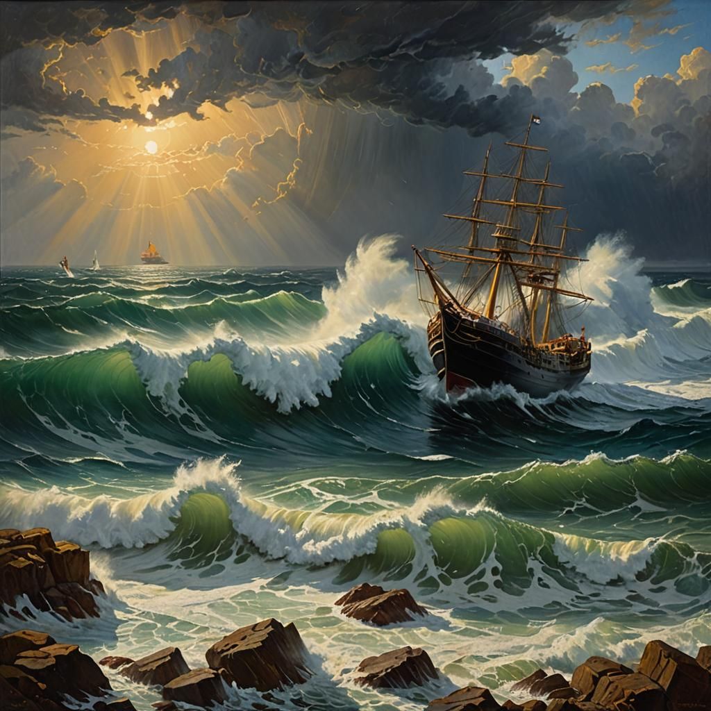 Ship Navigates Stormy Seas: An Oil Painting