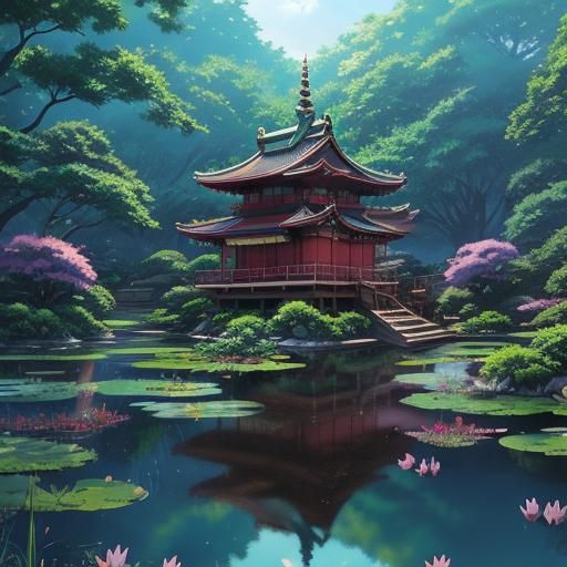 Frog Pond Temple in Studio Ghibli Anime Style