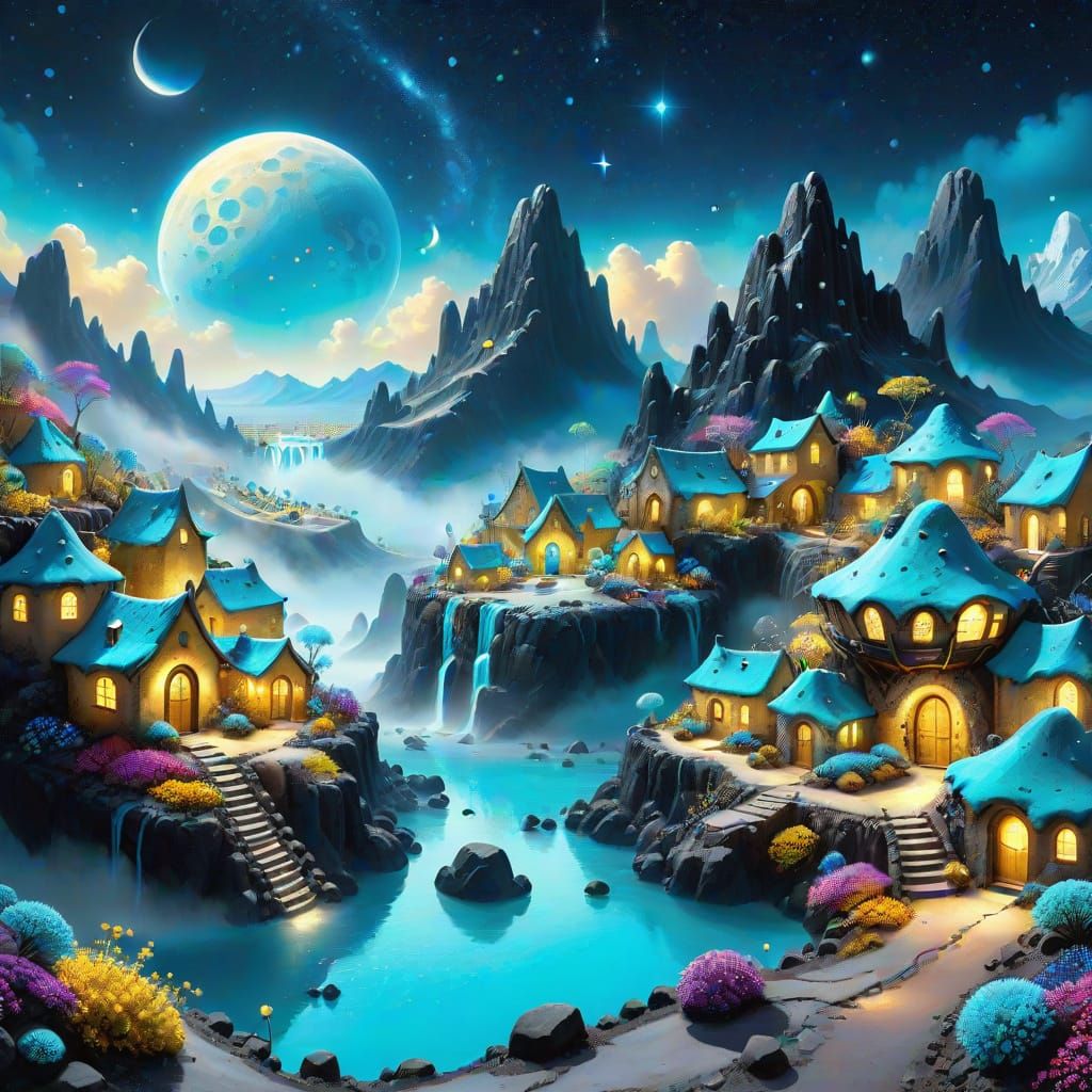 Ethereal Moon Village with Crystal Structures